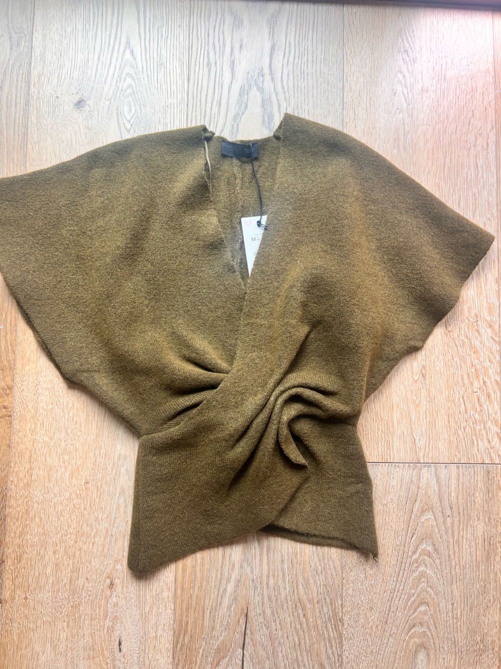 Zara Olive Green Twisted Front Short Sleeve Sweater